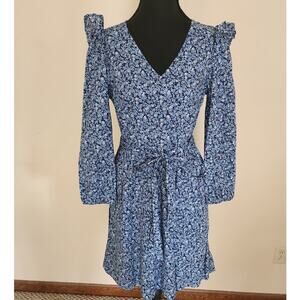 J. Crew Re-Imagined XS Blue Floral Ruffle Shoulder Dress Pockets CottageCore